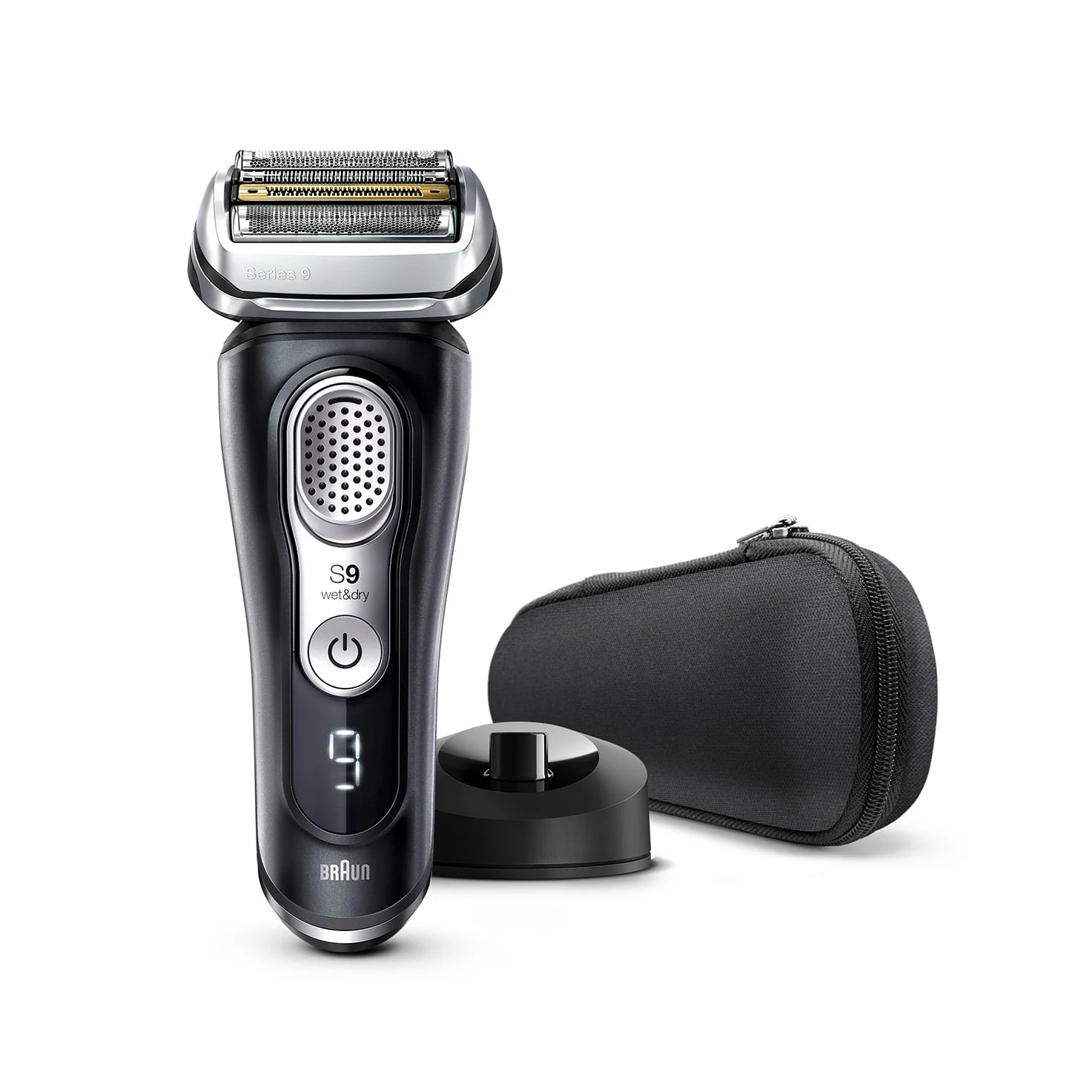 Braun Series 9 9340s electric shaver with charging stand and travel case.